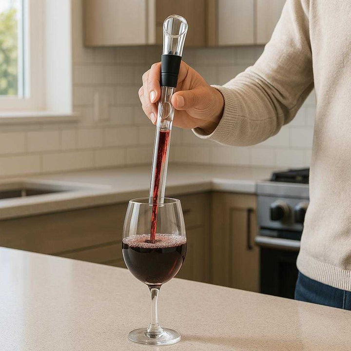 Vinkaraffel med Indbygget Hældetud og Luftningseffekt - Gennemsigtigt Glas med Moderne Detaljer: A realistic modern kitchen where the product is properly grounded on a sleek kitchen counter, being actively used by a person pouring wine into a glass.