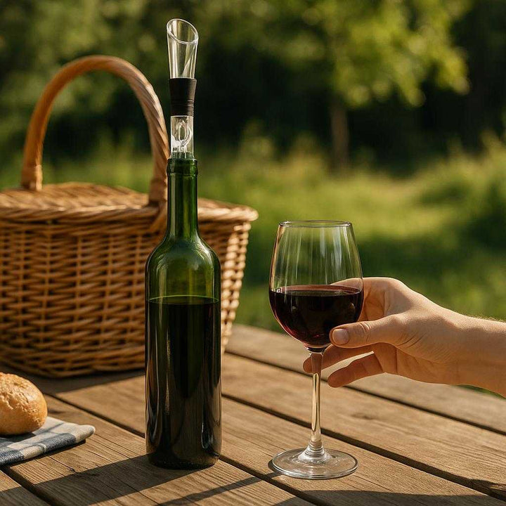 Vinkaraffel med Indbygget Hældetud og Luftningseffekt - Gennemsigtigt Glas med Moderne Detaljer: A different realistic outdoor picnic setting where the product is securely positioned on a wooden picnic table, being used in a casual gathering.