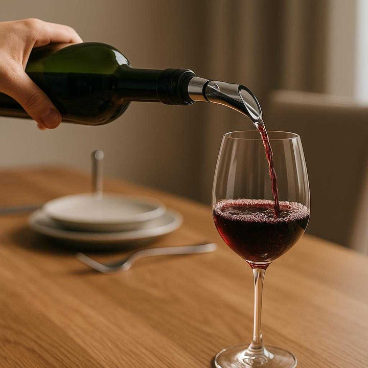 Vinkøler i Rustfrit Stål med Hældetud og Lufter – Elegant og Professionel Vinholder: A realistic dining room setting where the Vinkøler i Rustfrit Stål med Hældetud og Lufter is properly grounded on the neck of an open wine bottle resting on a wooden dining table.