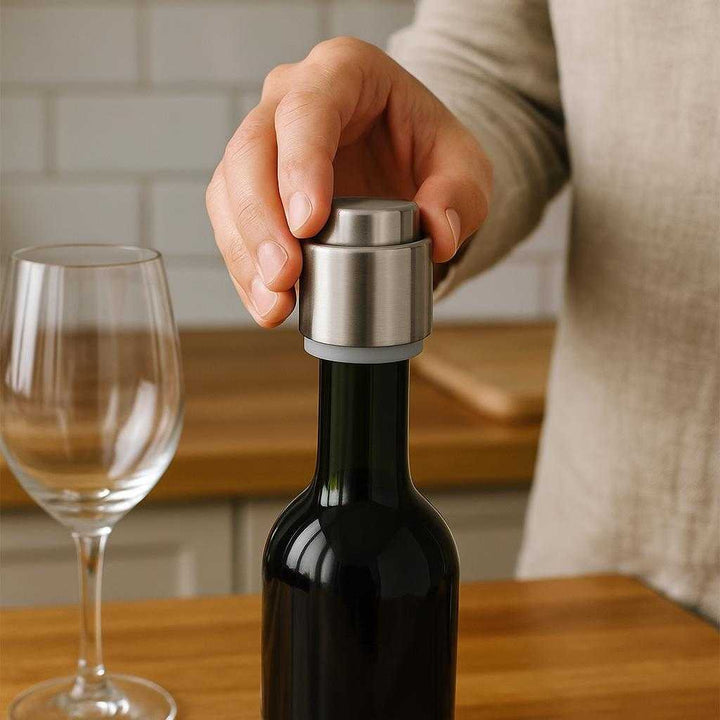 Vinprop i Rustfrit Stål - Genanvendelig, Låsbar og med Silikoneforsegling til Perfekt Opbevaring af Vin: A realistic kitchen setting where the product is properly grounded on a wooden countertop, being actively used by a person sealing an opened bottle of wine.