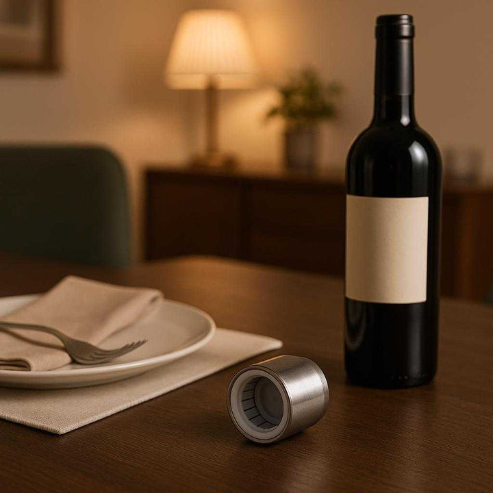 Vinprop i Rustfrit Stål - Genanvendelig, Låsbar og med Silikoneforsegling til Perfekt Opbevaring af Vin: A different realistic dining room setting where the product is securely positioned on a sleek, modern dining table beside a set dinner layout, being naturally placed next to an unopened bottle of wine, indicating readiness for use.