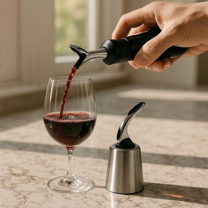 Vinprop med Automatisk Præcis Hældning - Kontrollerer Flydende Væske fra Flasker i Moderne Sølv og Sort Design: A realistic kitchen countertop setting where the Vinprop med Automatisk Præcis Hældning is properly grounded on a sleek marble counter, being actively used by a hand pouring red wine into a crystal glass, with natural sunlight streaming through a window creating reflective shadows and highlighting the modern silver and black design.