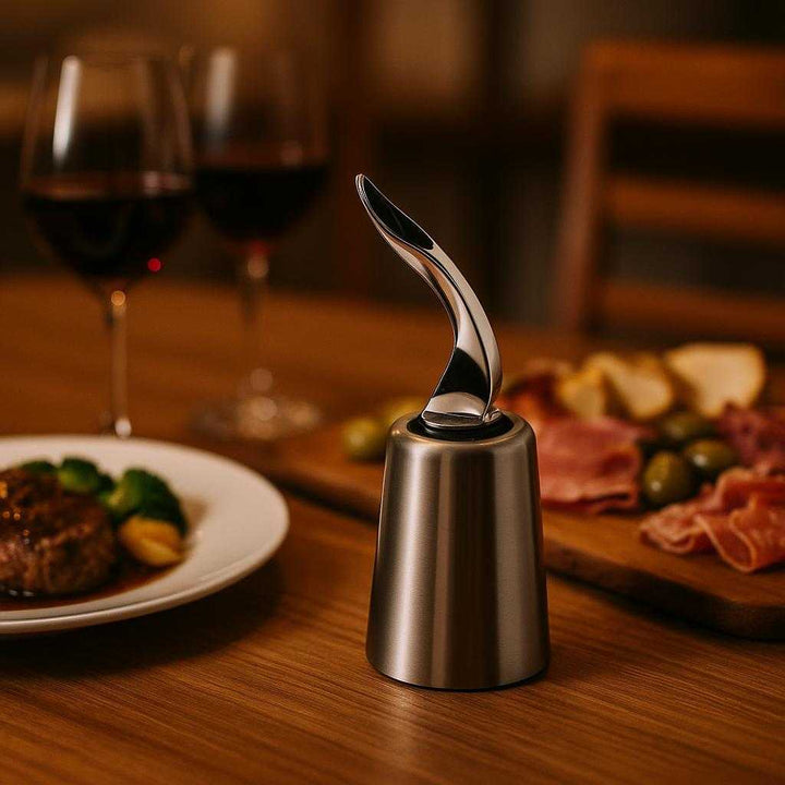 Vinprop med Automatisk Præcis Hældning - Kontrollerer Flydende Væske fra Flasker i Moderne Sølv og Sort Design: A different realistic dining room setting where the Vinprop med Automatisk Præcis Hældning is securely positioned on a wooden dining table next to a gourmet dinner setup, placed naturally and surrounded by a charcuterie board and wine glasses.
