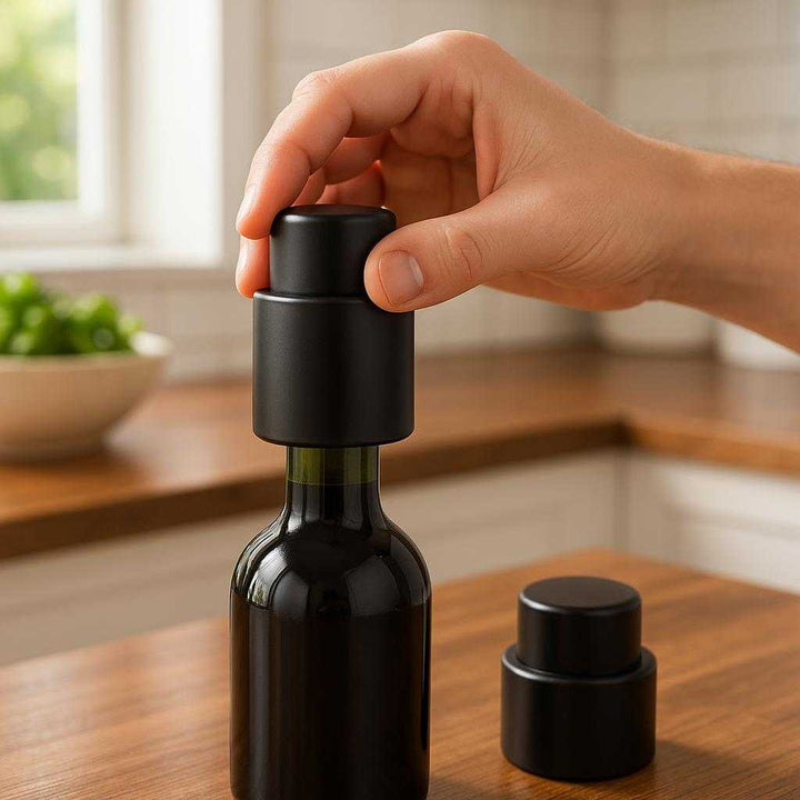 Vinprop med Vakuum - Professionel, Høj Kvalitet Forsegling til Frisk Vin i Flere Dage: A realistic kitchen setting where the product is properly grounded on a polished wooden countertop, being actively used by a person's hand to seal an opened wine bottle, with natural lighting from a nearby window casting realistic shadows and showing clear contact points where the product touches the countertop and bottle.