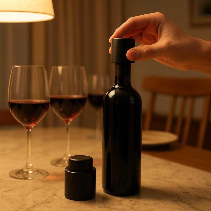 Vinprop med Vakuum - Professionel, Høj Kvalitet Forsegling til Frisk Vin i Flere Dage: A different realistic dining room setting where the product is securely positioned on a marble dining table beside several half-filled wine glasses, being placed naturally after sealing a bottle, with proper physics, shadows, and realistic integration into the environment, enhanced by soft evening light from a nearby pendant lamp.