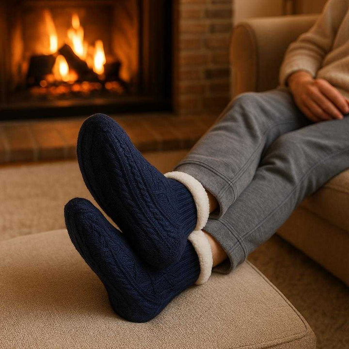 Vintersokker med for: Komfortable, varme sokker til herre, dame og børn i Small, Medium, Large: A cozy living room setting where the socks are properly grounded on a plush, light-colored carpet next to a roaring fireplace.