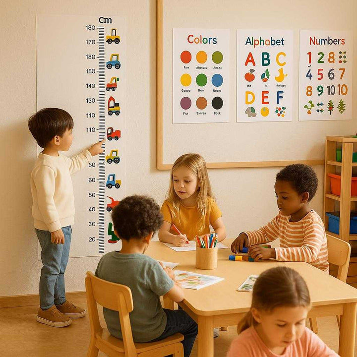 Vækst diagram klistermærker - Bil højde, Plastik, Let at påføre, Uddannelsesmæssig: A different realistic setting in a preschool classroom where the product is securely positioned on a classroom wall next to educational posters.