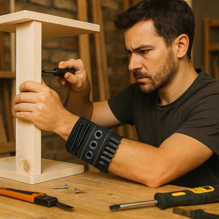 Værktøjsarmbånd med Magnetisk Funktion - Justerbar Pasform og Stærke Magneter for Effektiv Organisering. The magnetic tool wristband is being used by a focused carpenter in a workshop, with nails and screws securely attached to it while fixing a wooden shelf with tools scattered around.