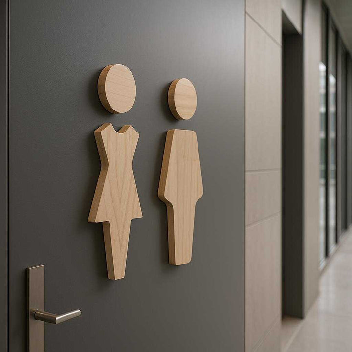 Wcskilt i træ - Moderne og minimalistisk design med tydelig kønsindikation. The signs are elegantly affixed to a trendy office building restroom, where clean lines and minimalist design emphasize the space's contemporary and professional aesthetic.