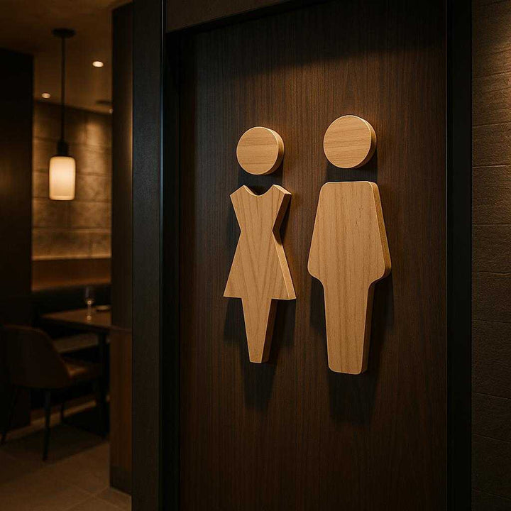 Wcskilt i træ - Moderne og minimalistisk design med tydelig kønsindikation. The wooden signs are stylishly mounted on a chic restaurant restroom door, surrounded by sleek modern decor and soft ambient lighting, creating an inviting and sophisticated atmosphere.