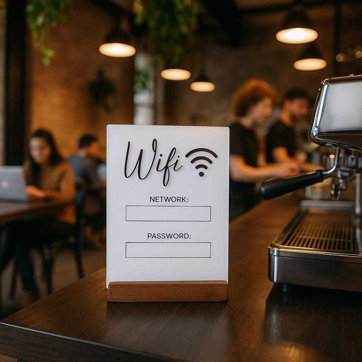 Wifi forstærker med optimal dækning - Tilgængelig i hvid og sort: A chic café environment, where the Wifi sign sits prominently on the counter next to a sleek espresso machine.