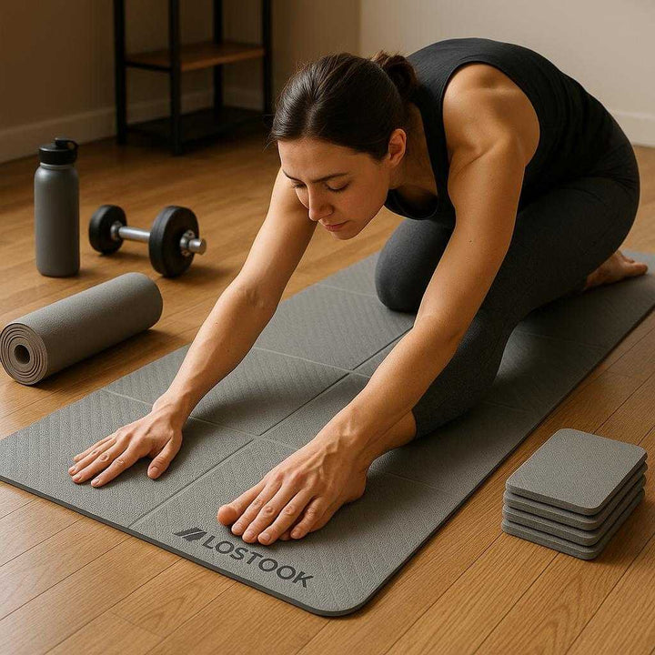 Yogamåtte i skum med tekstureret overflade, bærbar og skridsikker - Grøn, Lilla, Blå, Lyserød: A realistic home gym setting where the foam yoga mat is properly grounded on a hardwood floor, being actively used by a person in a yoga pose.